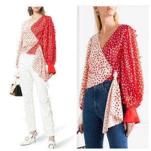 Gorgeous  SELF PORTRAIT   Red & Cream Guipure Lace  Trim Satin Wrap Top. Size 6.